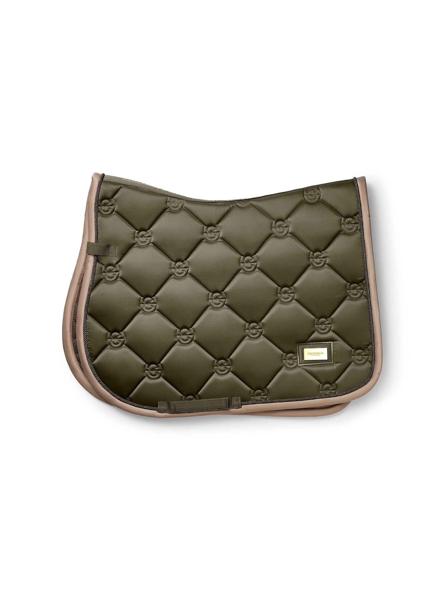 Studio image of Equestrian Stockholm Jump Saddle Pad Khaki Green with beige edging and a gold logo badge.