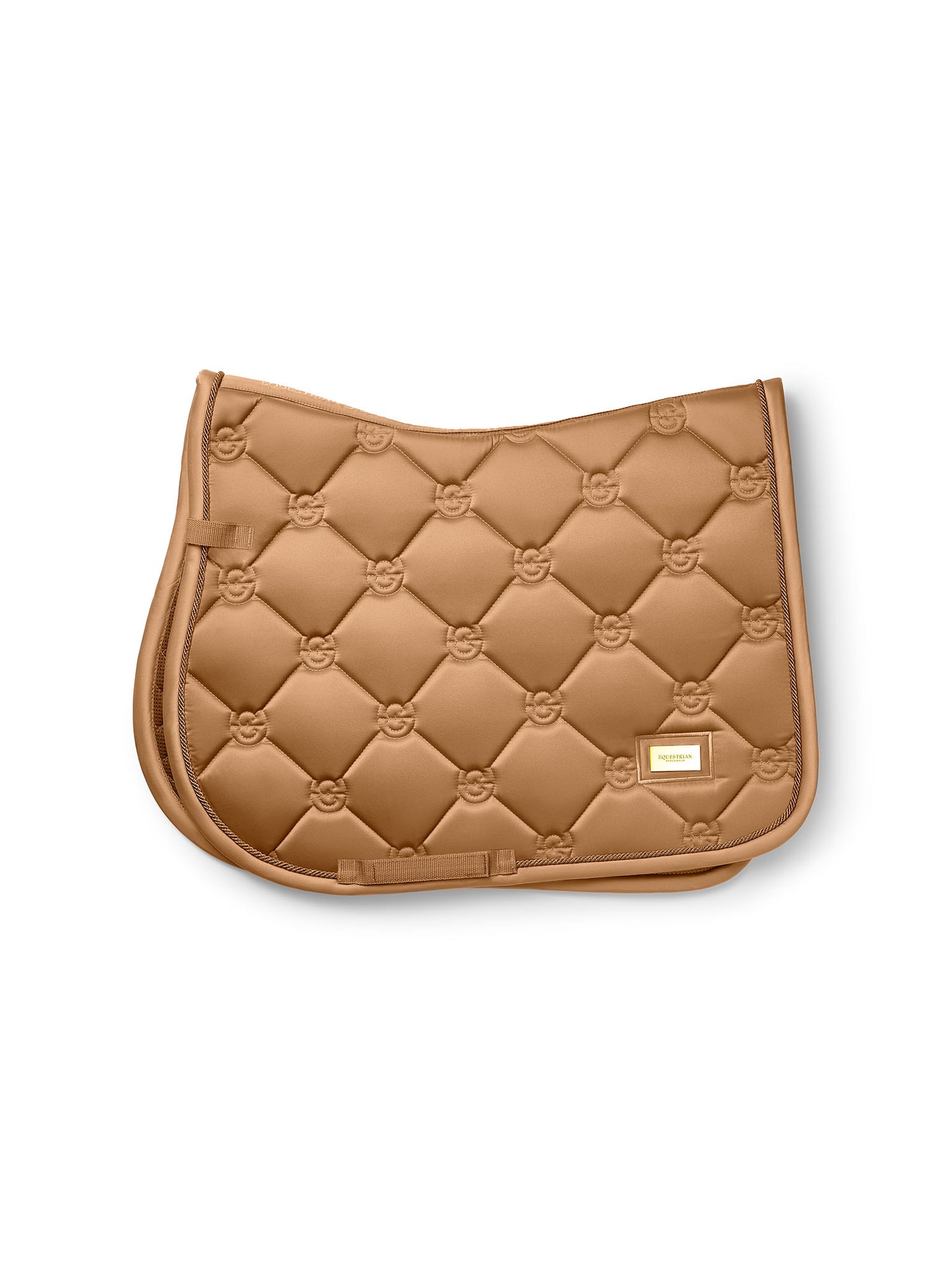 Studio image of Equestrian Stockholm Jump Saddle Pad Savannah Glow in beige featuring gold details and monogram quilting.