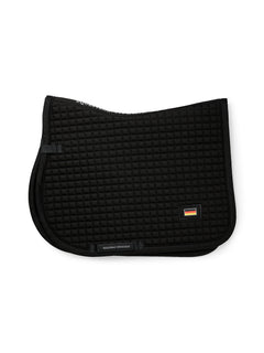 Studio image of Equestrian Stockholm Jump Saddle Pad Cotton Black Germany with square quilting and flag patch.