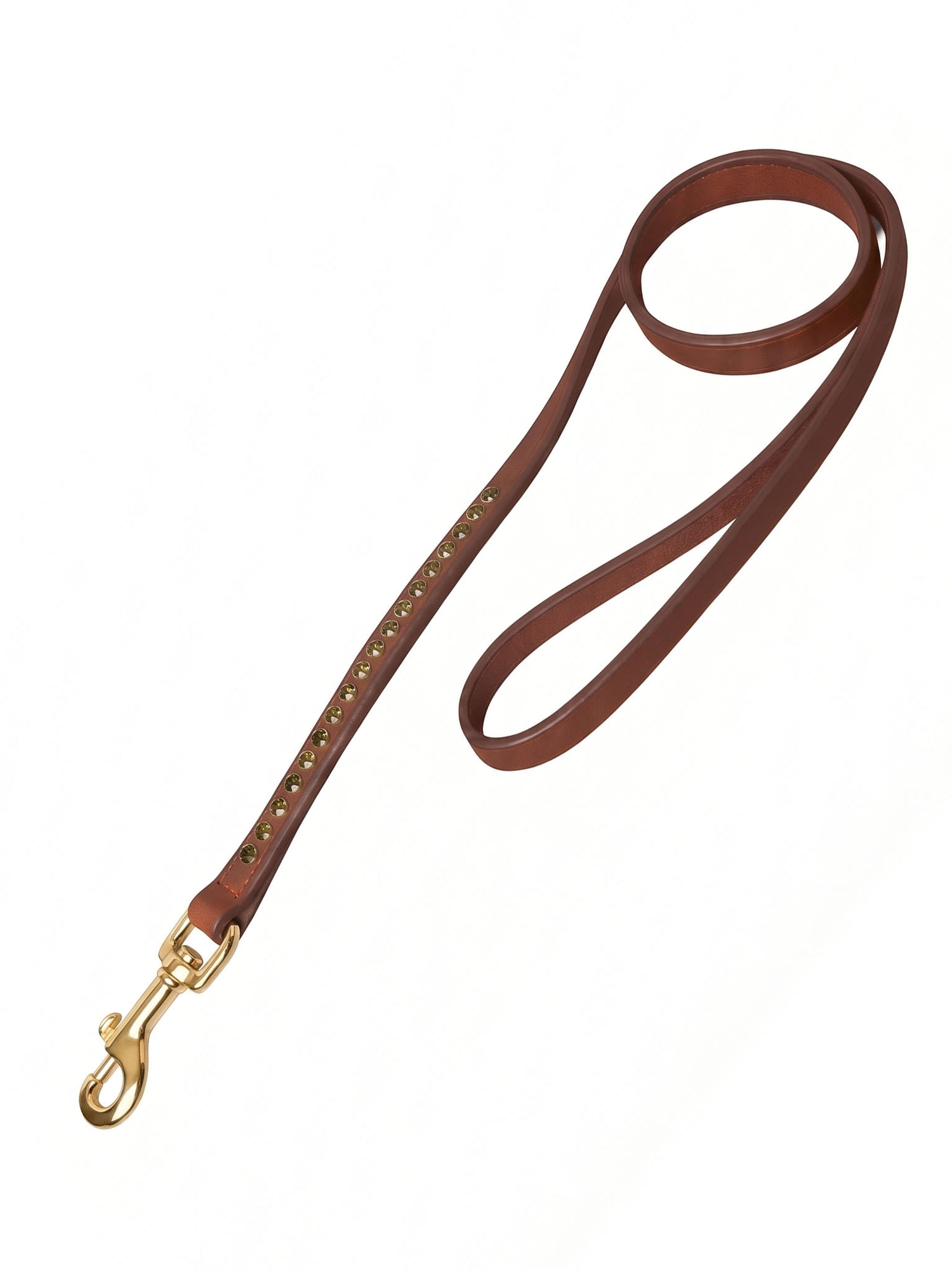 Studio image of Equestrian Stockholm brown leather dog leash with khaki green crystals and gold hardware.