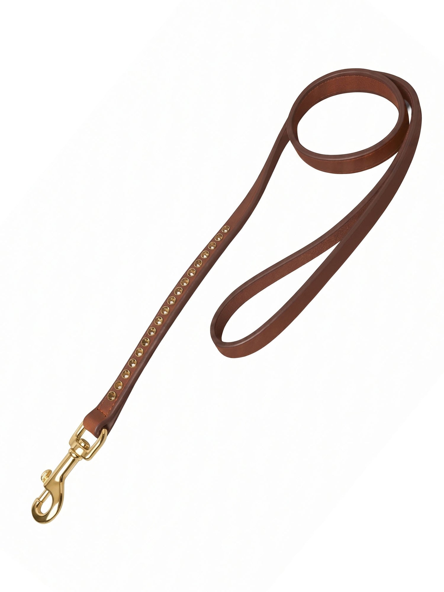 Studio image of Equestrian Stockholm brown Crystal Leather Dog Leash Savannah Glow with gold crystals and brass clip.