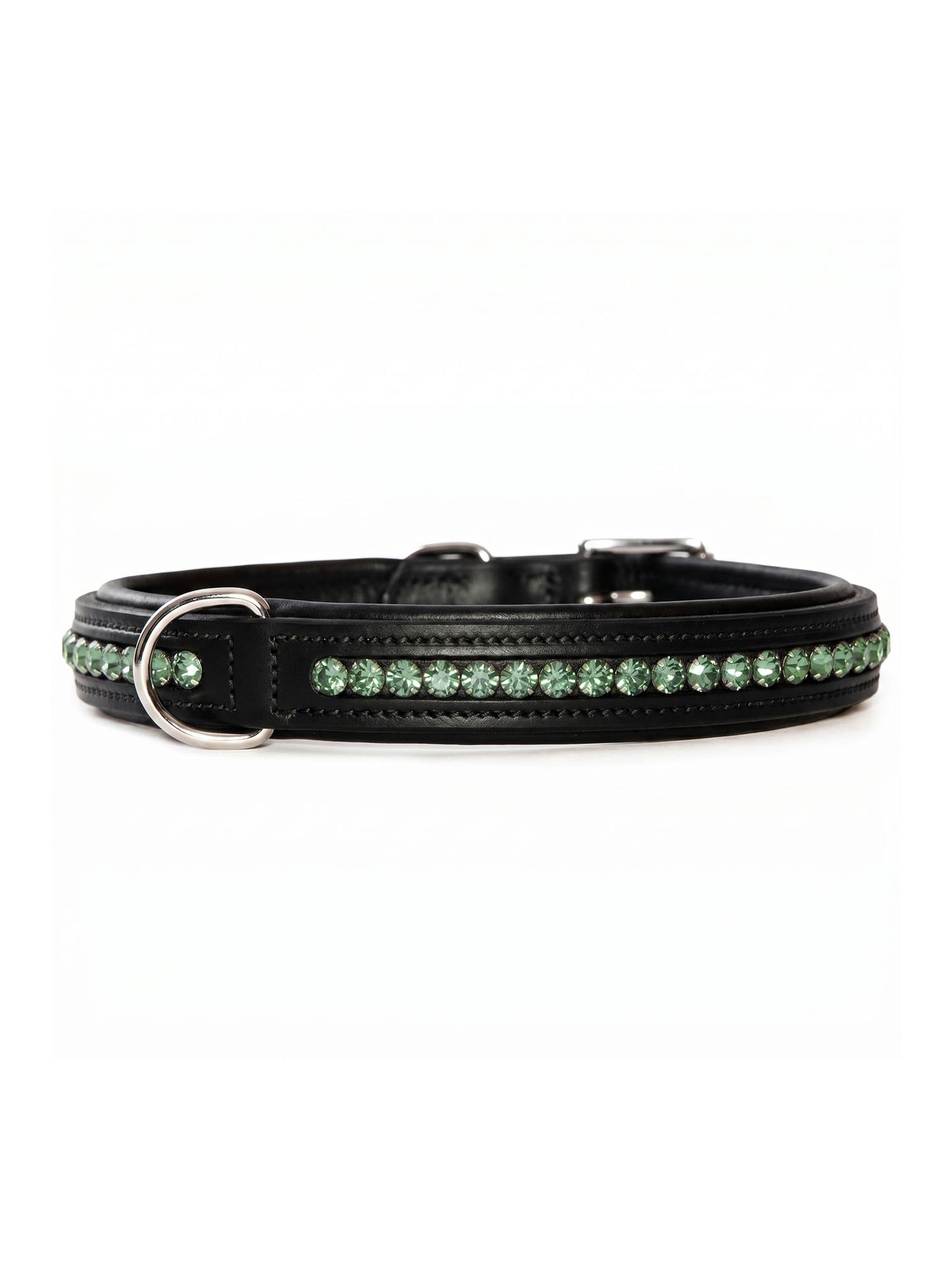 Studio image of Equestrian Stockholm black leather Dog Collar Mist Green with green crystals and silver hardware.