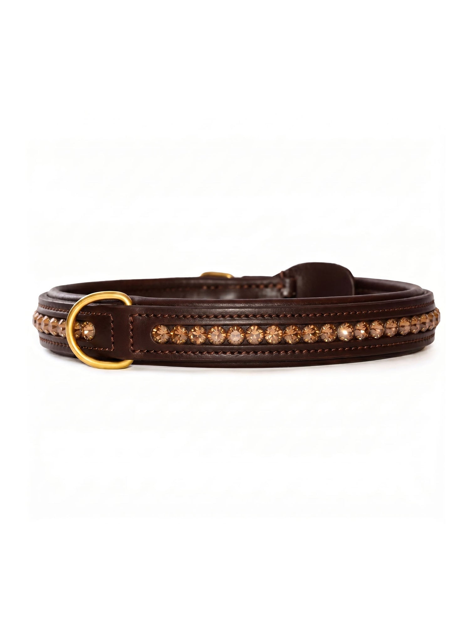 Studio image of Equestrian Stockholm Savannah Glow dog collar in brown leather with gold details and crystals.