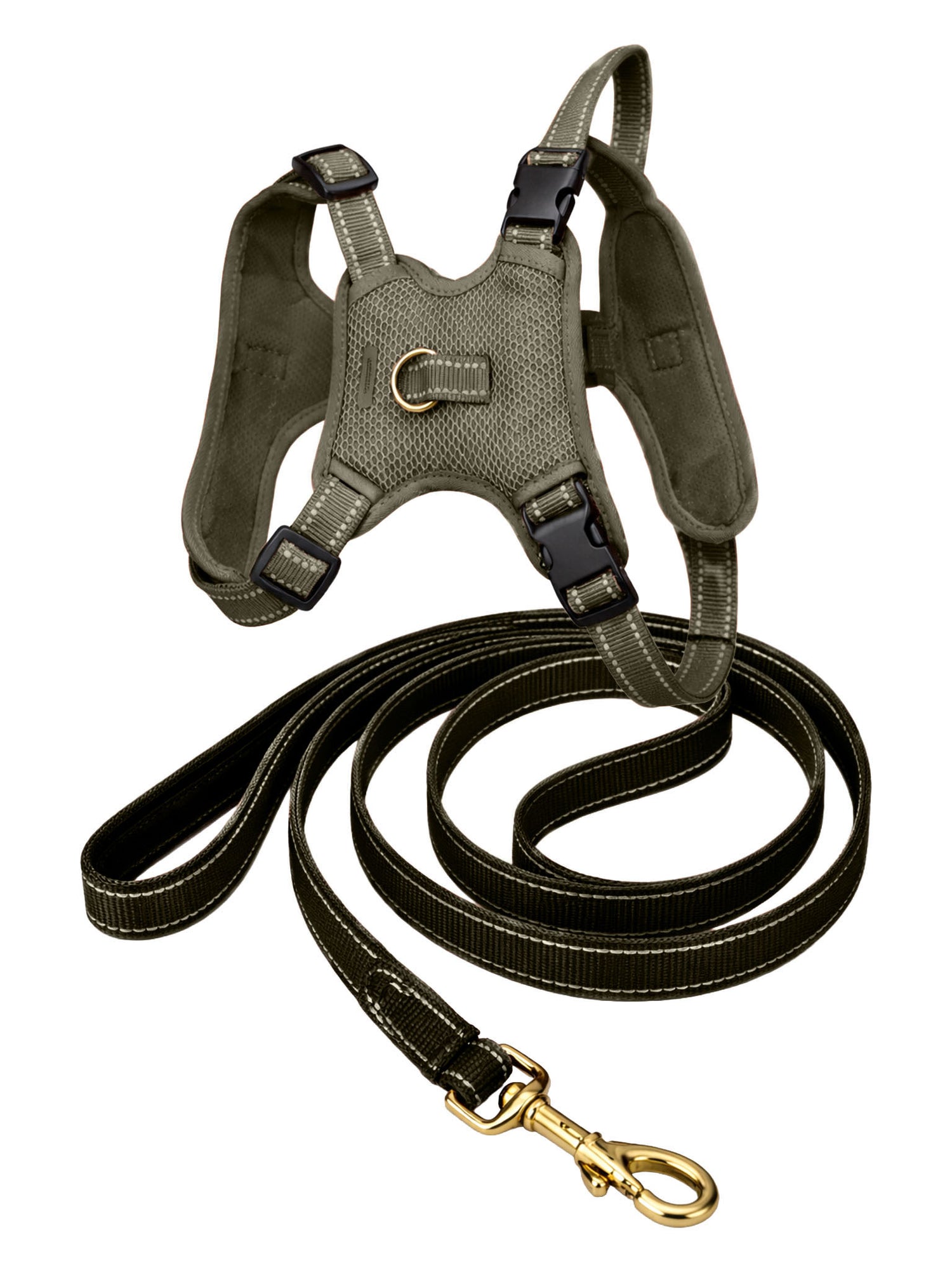 Studio image of Equestrian Stockholm Mesh Reflective Dog Harness & Leash in Khaki Green with gold hardware.