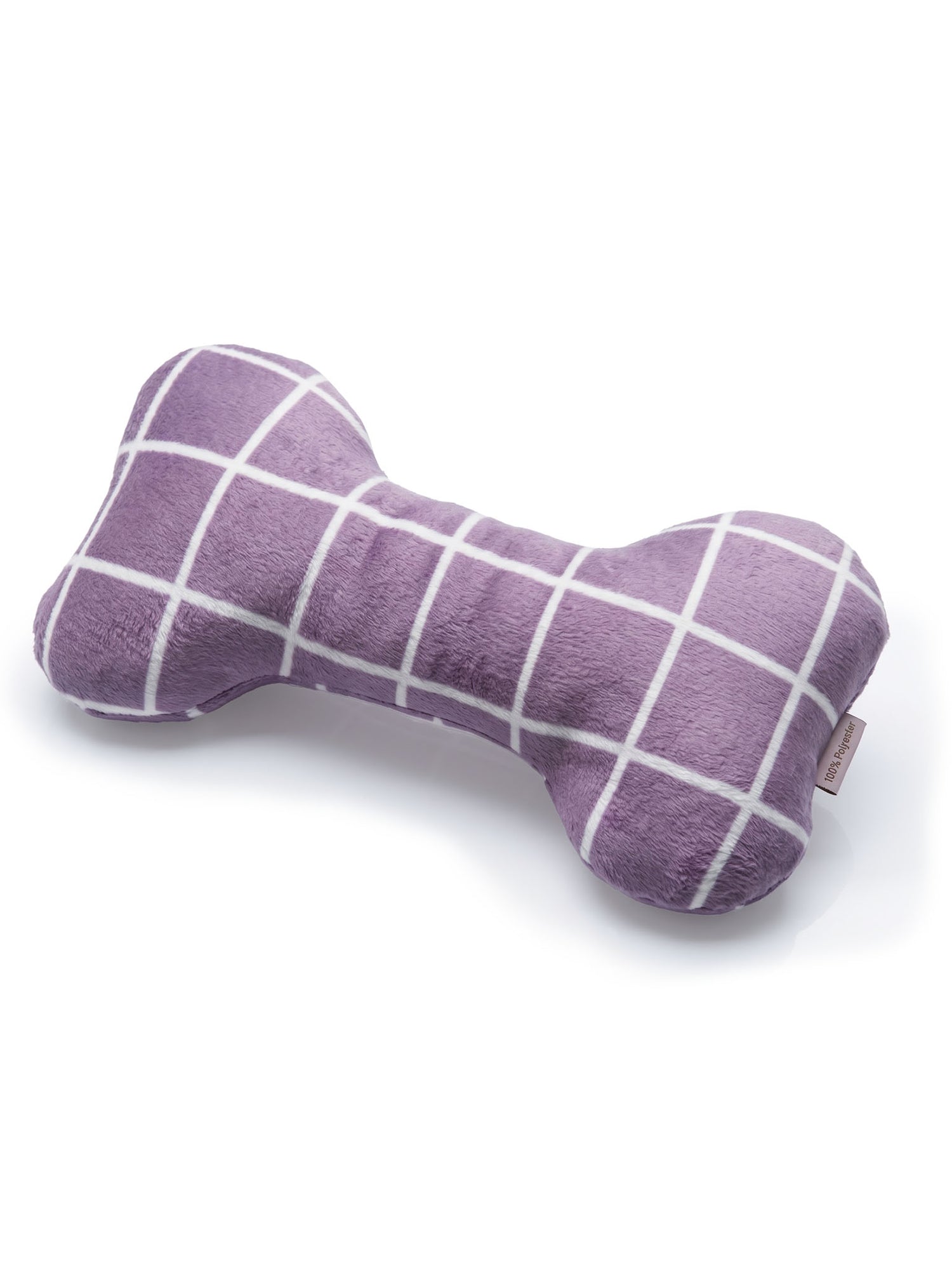 Studio image of Equestrian Stockholm Dog Toy Bone Dusty Purple with a soft plush finish and white grid pattern.