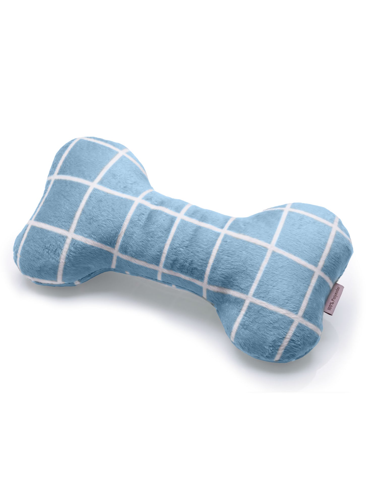 Studio image of Equestrian Stockholm Dog Toy Bone Soft Blue with a plush white grid pattern.