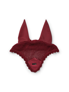 Studio image of Equestrian Stockholm Ear Bonnet Velvet Merlot in deep red with crocheted cotton and a velvet patch.