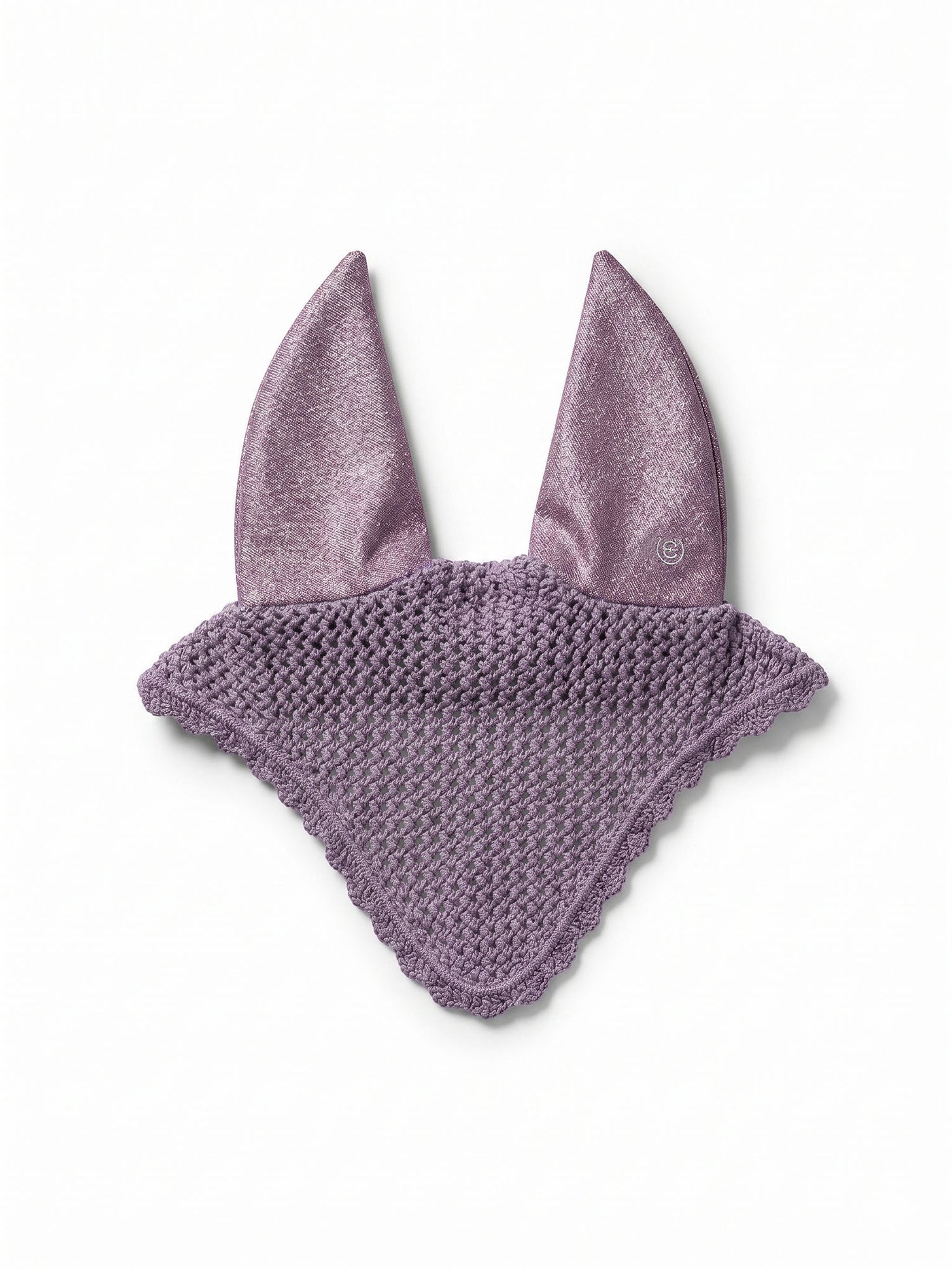 Studio image of Equestrian Stockholm Ear Bonnet Glow Dusty Purple in crocheted cotton with shimmering satin ears.