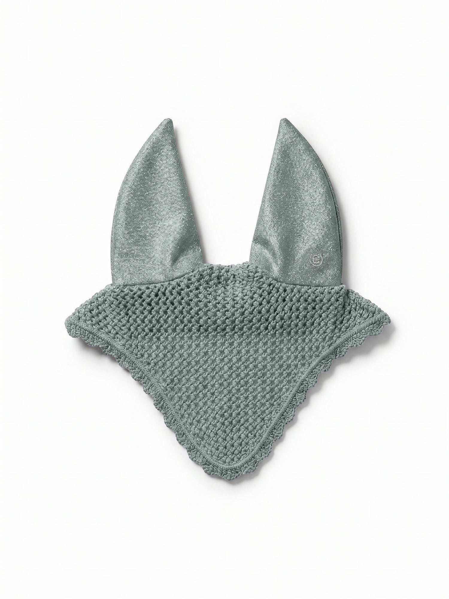 Studio image of Equestrian Stockholm Ear Bonnet Glow Mist Green with crocheted cotton and shimmering satin ears.