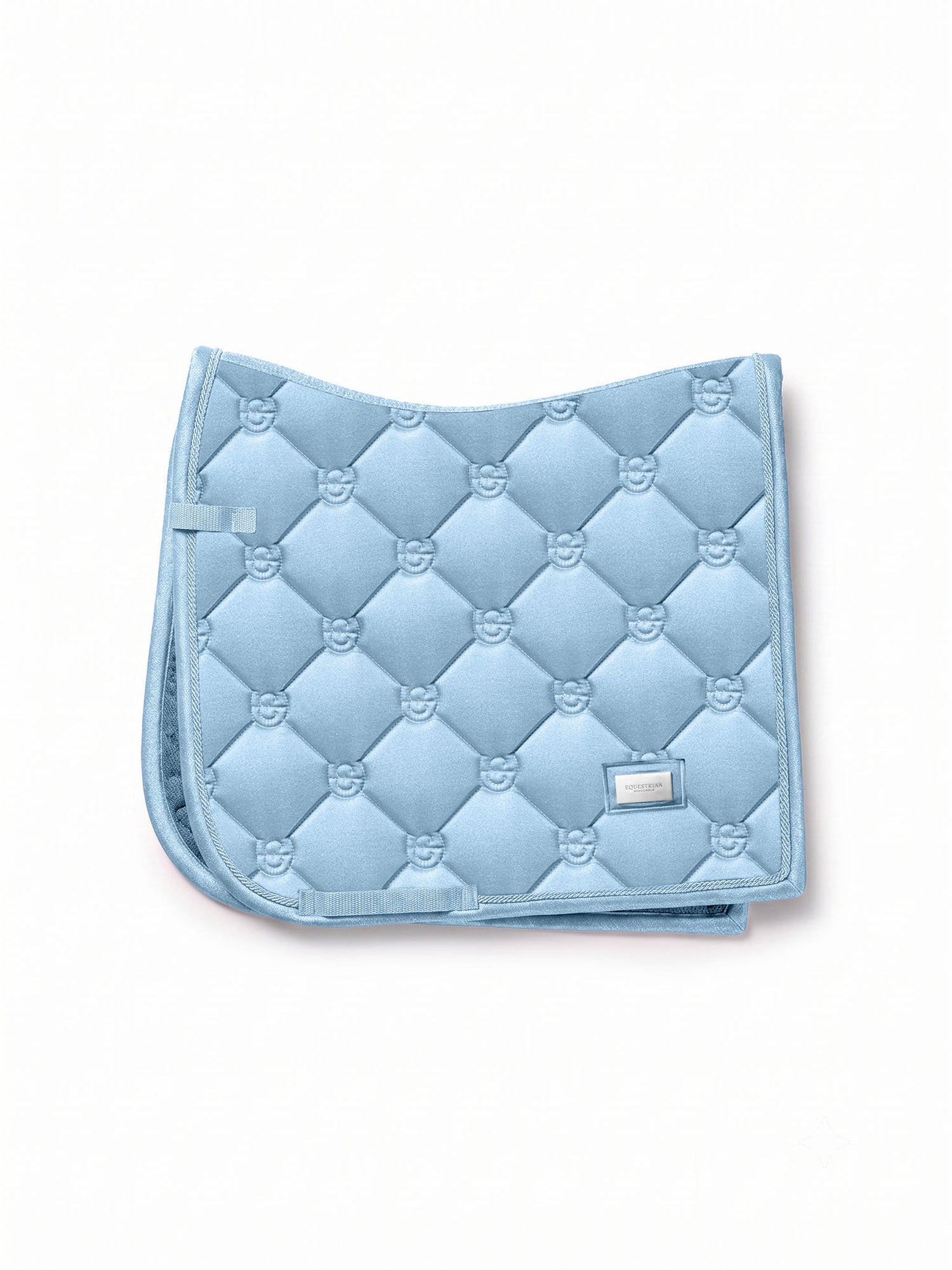 Studio image of Equestrian Stockholm Dressage Saddle Pad Glow Soft Blue in luminous satin with classic quilting.