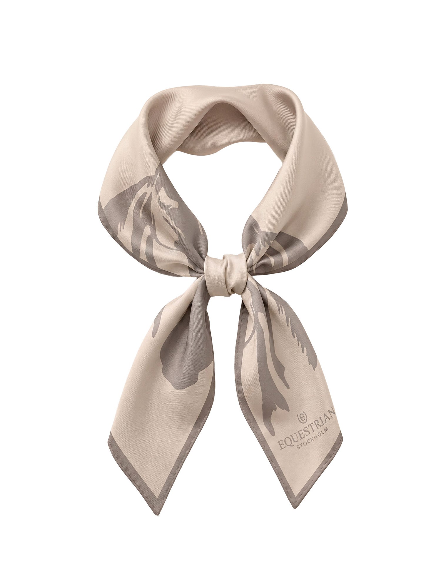 Studio image of Equestrian Stockholm Iconic Horse beige silk scarf with tonal equine motif and logo branding.