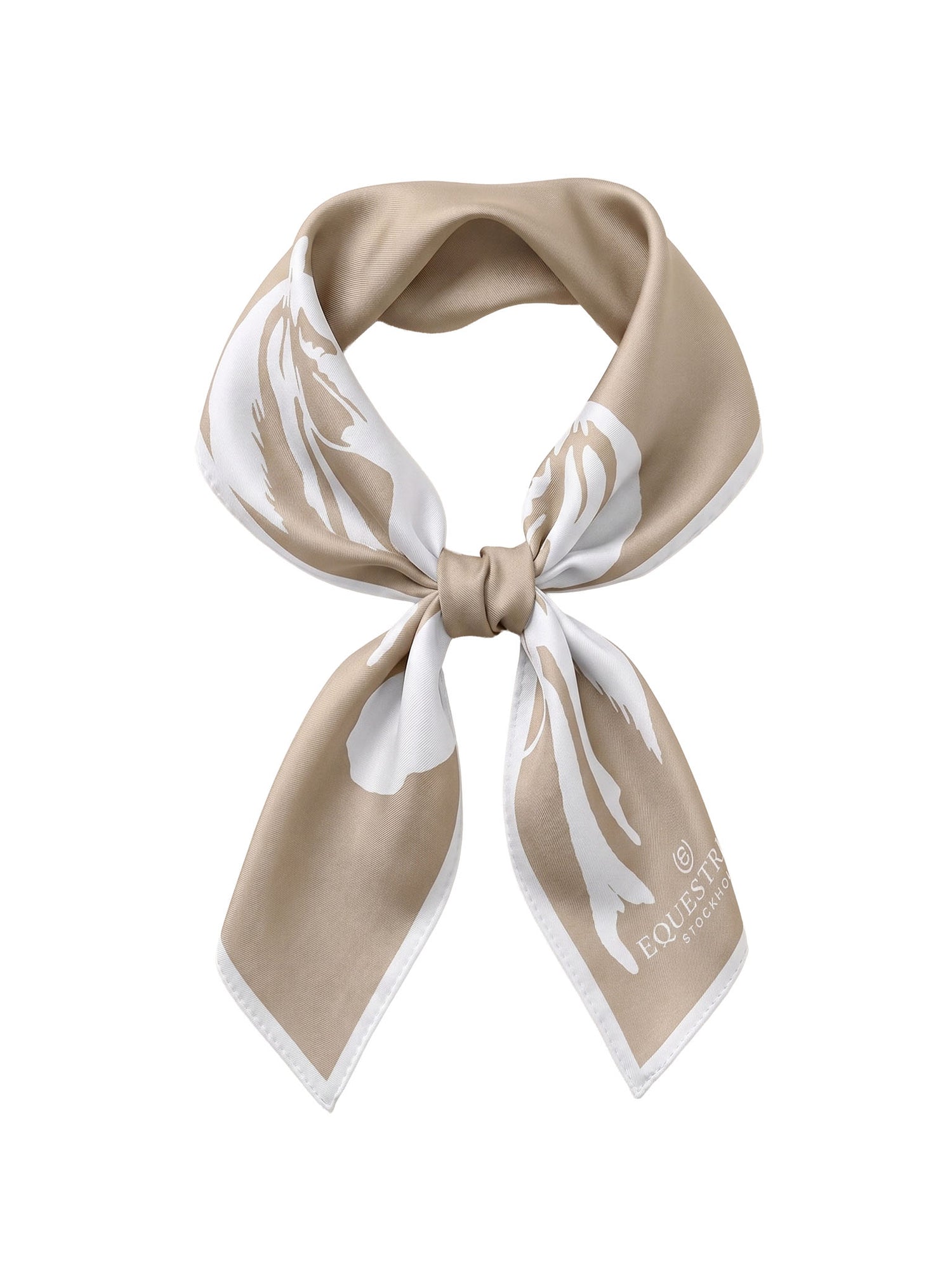 Studio image of Equestrian Stockholm Iconic Horse Sand silk scarf in beige with a white horse print and logo.
