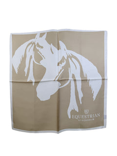Studio image of Equestrian Stockholm Iconic Horse Sand silk scarf with a white horse motif and border.