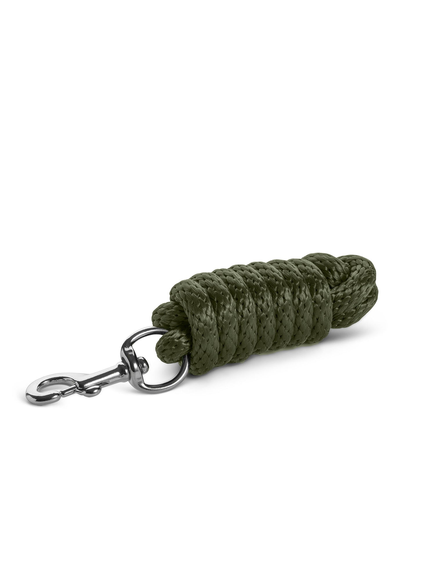 Studio image of Equestrian Stockholm Lead Rope Khaki Green in braided polyester with a silver swivel snap hook.
