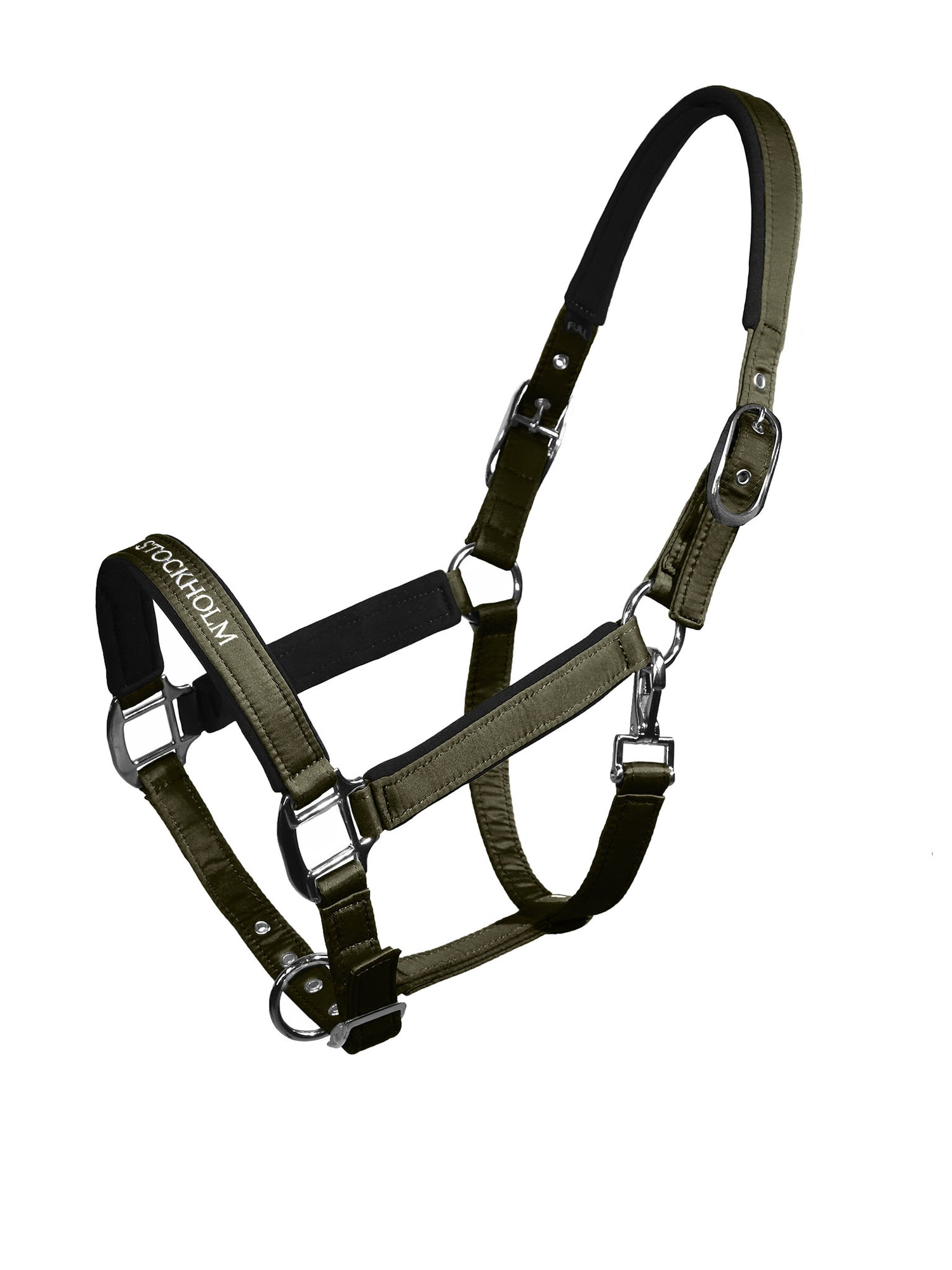 Studio image of Equestrian Stockholm Line Halter Khaki Green with chrome hardware and black neoprene padding.