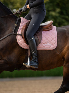Studio image of Equestrian Stockholm Jump Saddle Pad Line Pink on a bay horse with a rider in black breeches and boots.