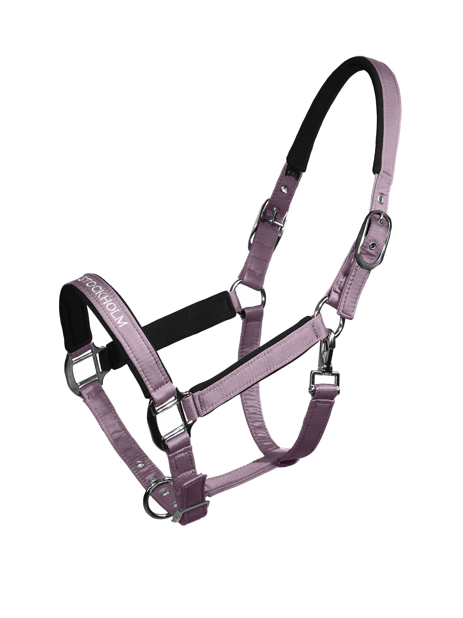 Studio image of Equestrian Stockholm Line Halter Glow Dusty Purple with silver buckles and black padding.