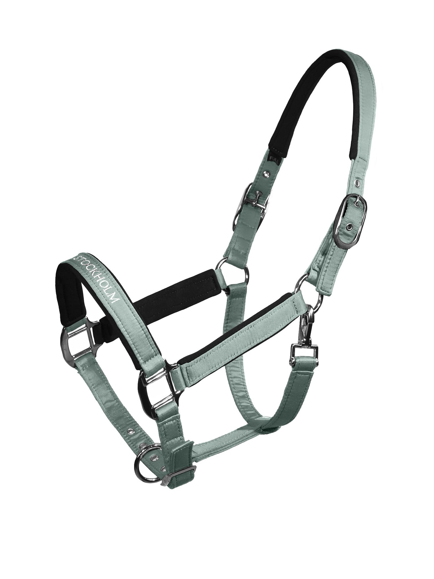 Studio image of Equestrian Stockholm Line Halter Glow Mist Green with silver hardware, black padding, and white embroidery.