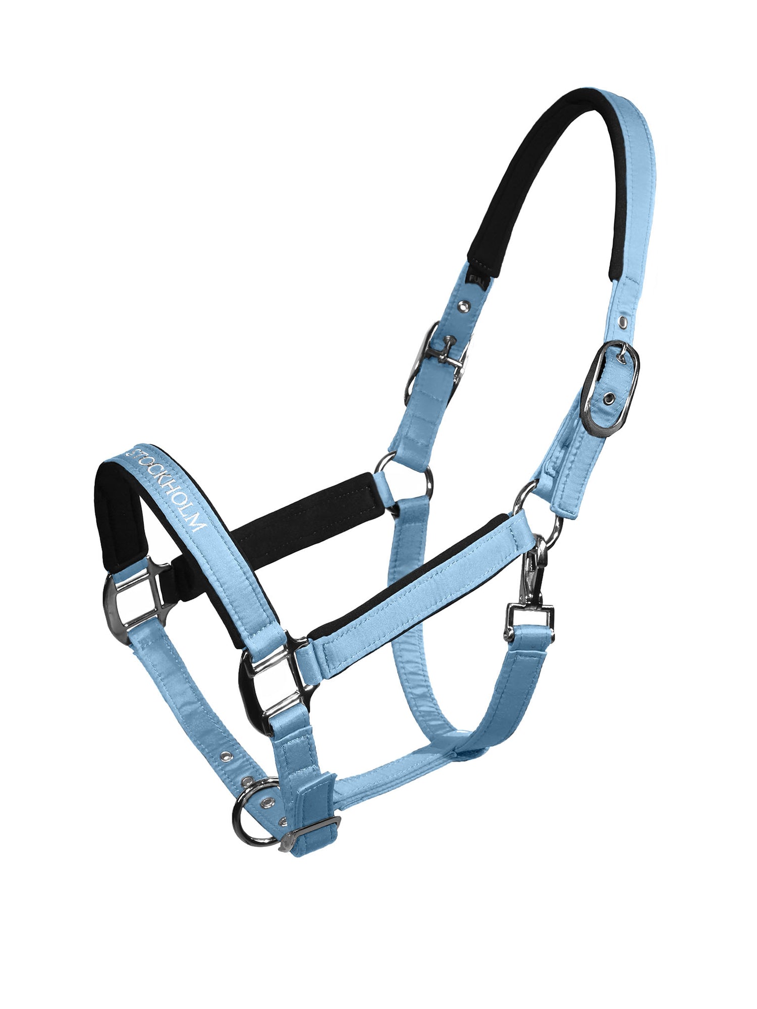 Studio image of Equestrian Stockholm Line Halter Glow Soft Blue with silver hardware and black neoprene padding.