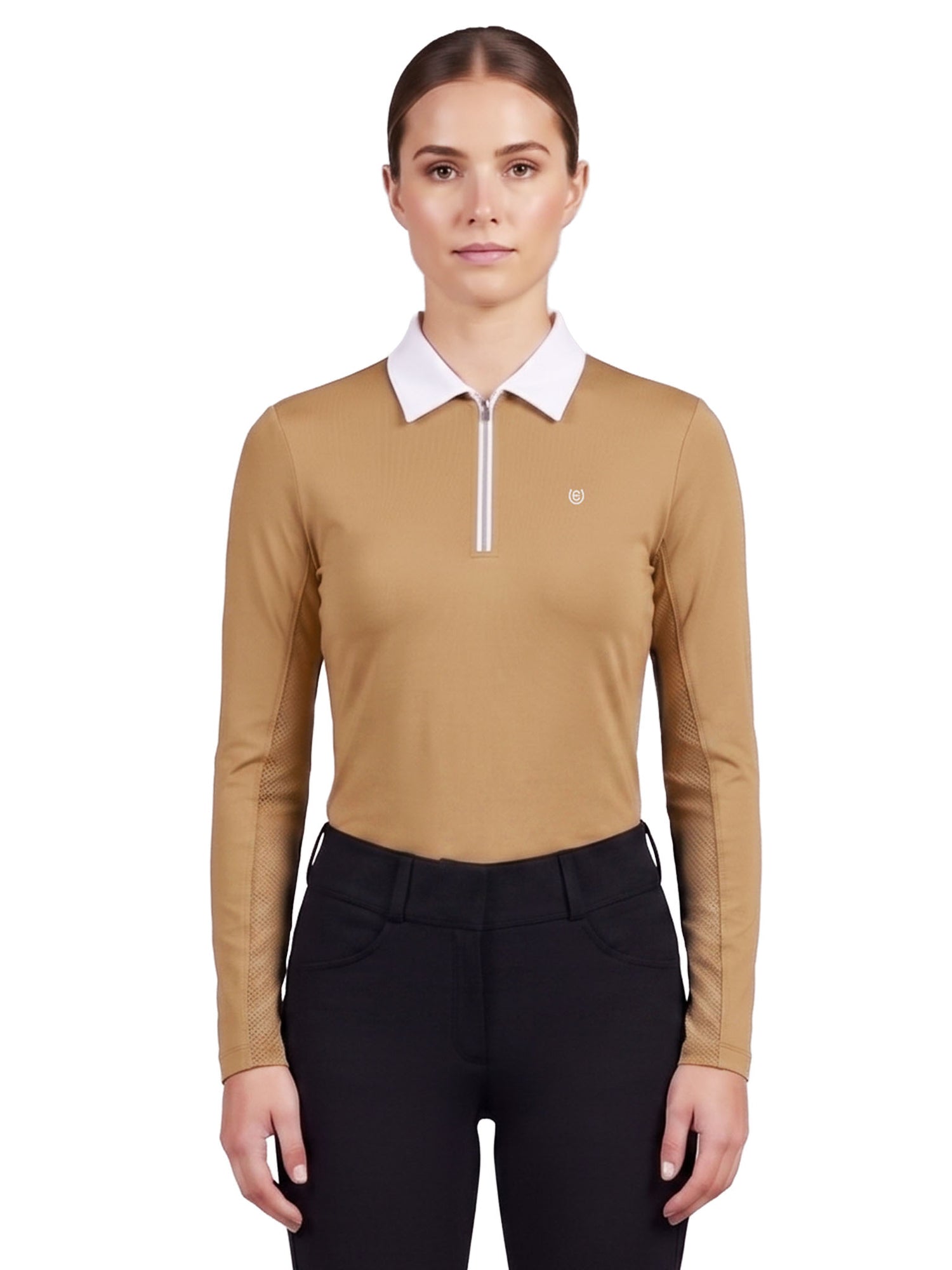 A model wearing the beige Equestrian Stockholm Long Sleeve Zip Top Savannah Glow with a white contrast collar.