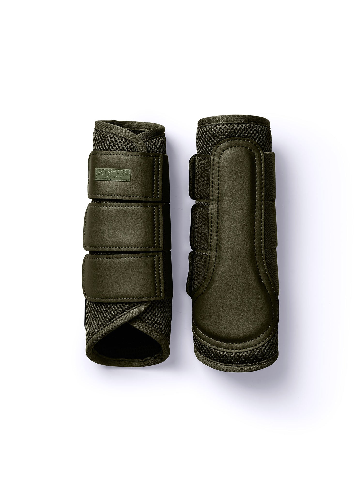 Studio image of Equestrian Stockholm Mesh Brushing Boots in Khaki Green with breathable 3D mesh and velcro straps.