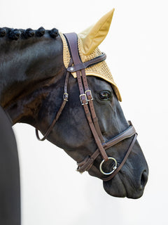 Equestrian Stockholm Ear Bonnet Modern Midsummer Glow in yellow on a braided dark horse with a brown leather bridle.