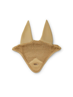 Studio image of Equestrian Stockholm Ear Bonnet Modern Midsummer Glow in mustard yellow crochet with satin details.