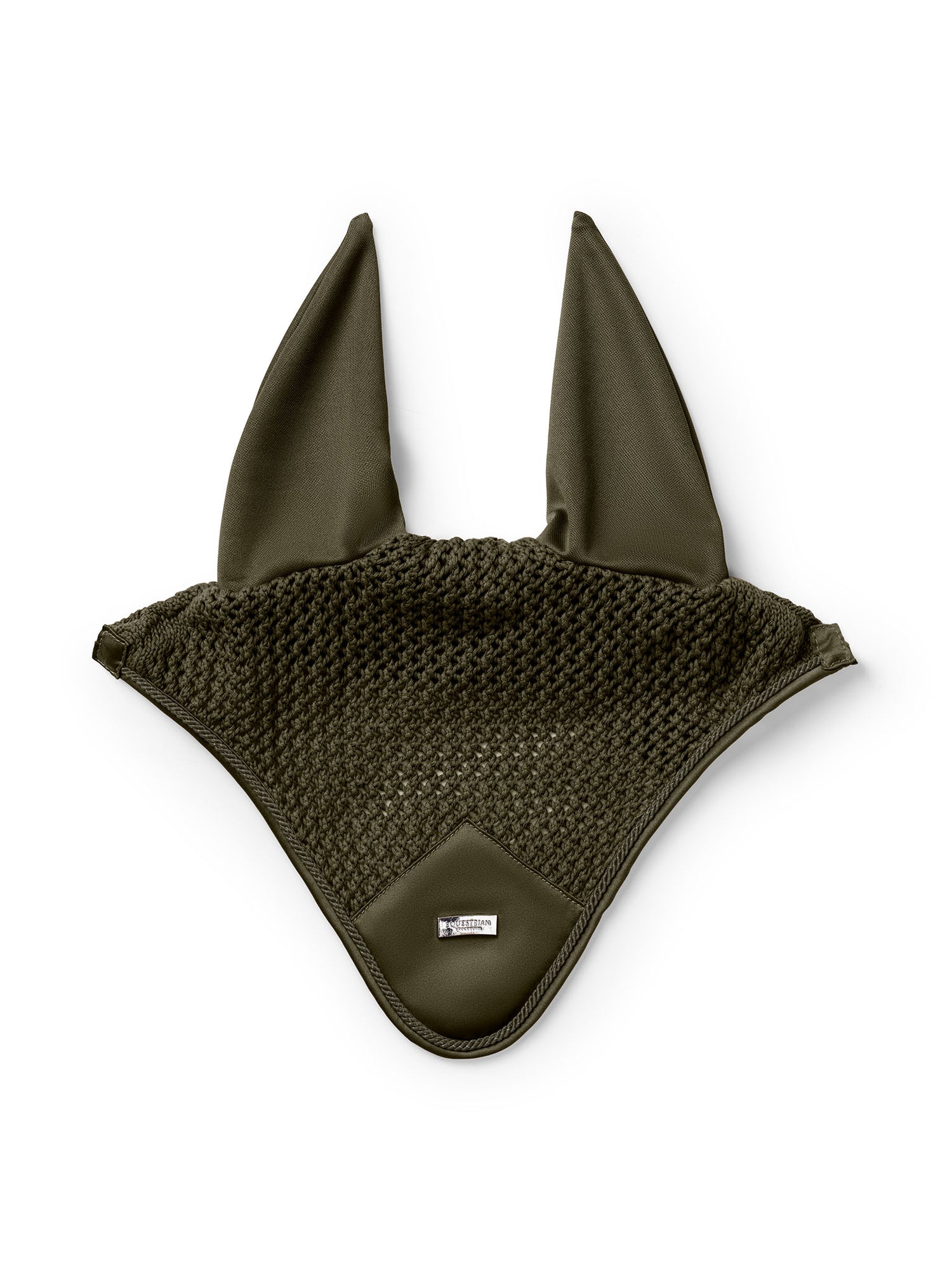 Studio image of Equestrian Stockholm Ear Bonnet Modern Khaki Green featuring crocheted cotton and satin ears.