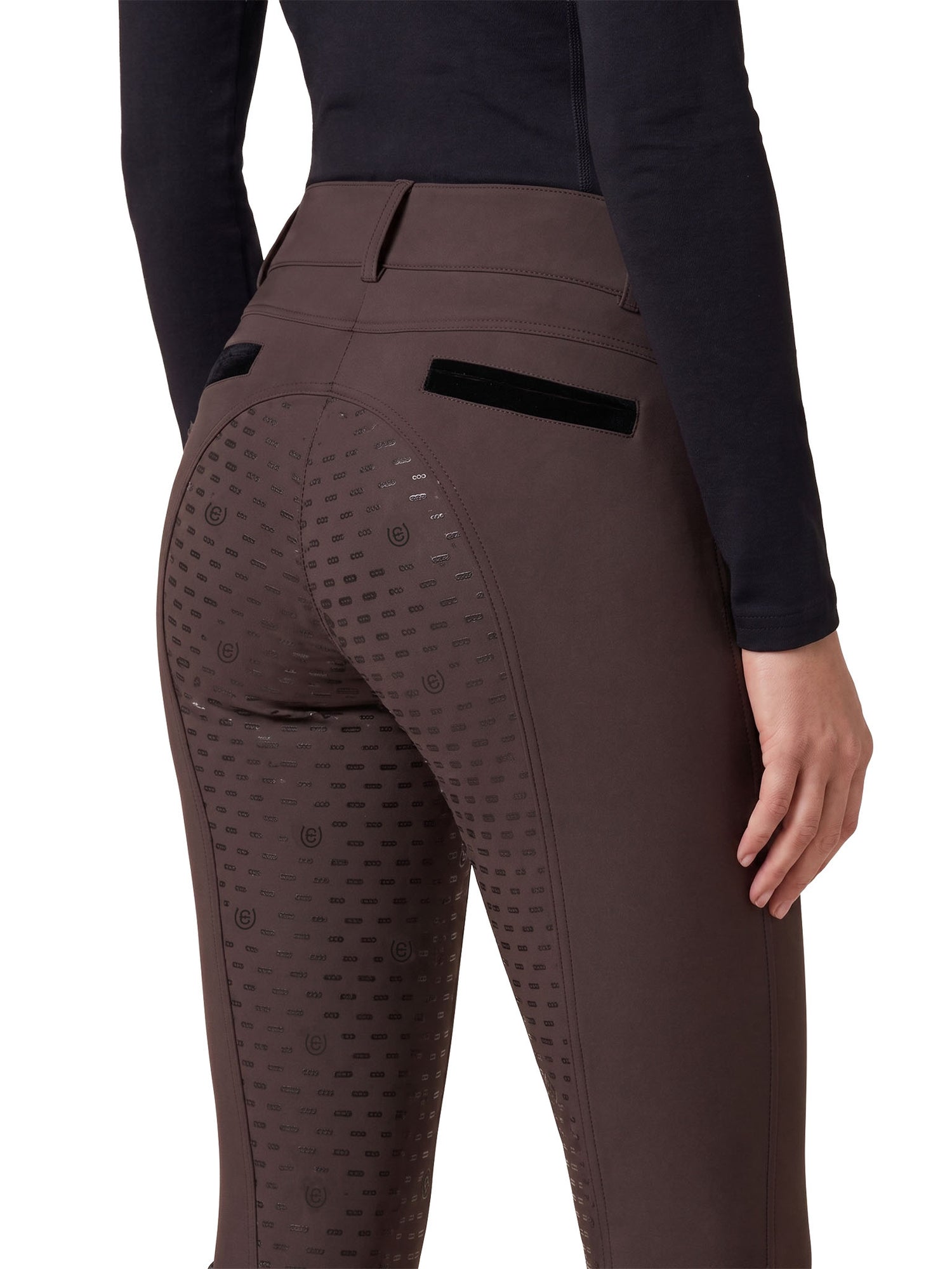 Studio image of Equestrian Stockholm Riding Breeches Optimal Deep Brown with a silicone full seat monogram grip.