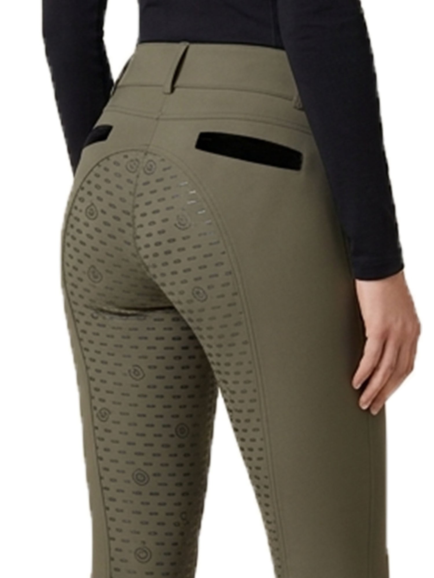 Studio image of Equestrian Stockholm Riding Breeches Optimal Khaki Green featuring a silicone full seat grip.