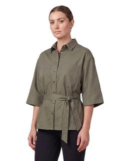 Equestrian Stockholm Shirt Safari Khaki Green featuring elbow-length sleeves, chest pockets, and a waist tie.