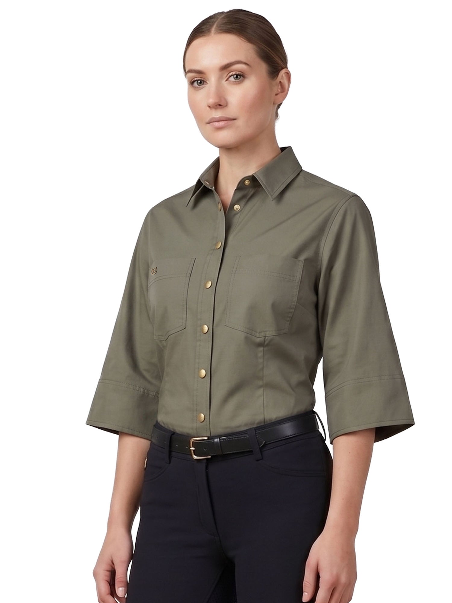 Equestrian Stockholm Shirt Safari Khaki Green featuring elbow-length sleeves and metal buttons on a model.