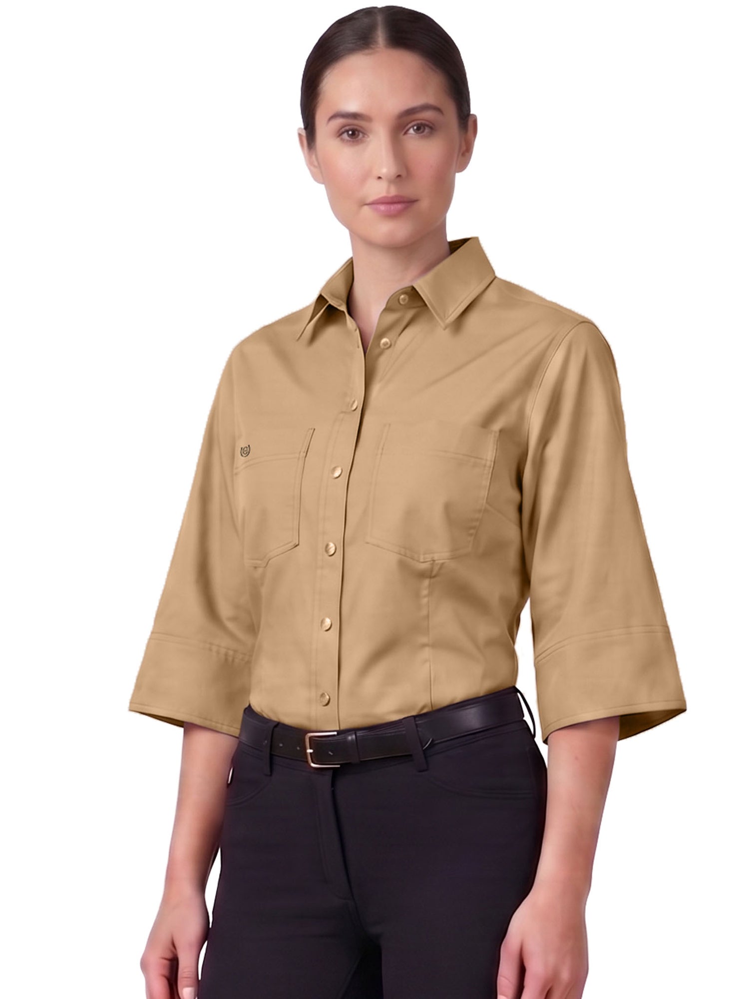 Model wearing the beige Equestrian Stockholm Shirt Safari Savannah Glow with short sleeves and chest pockets.