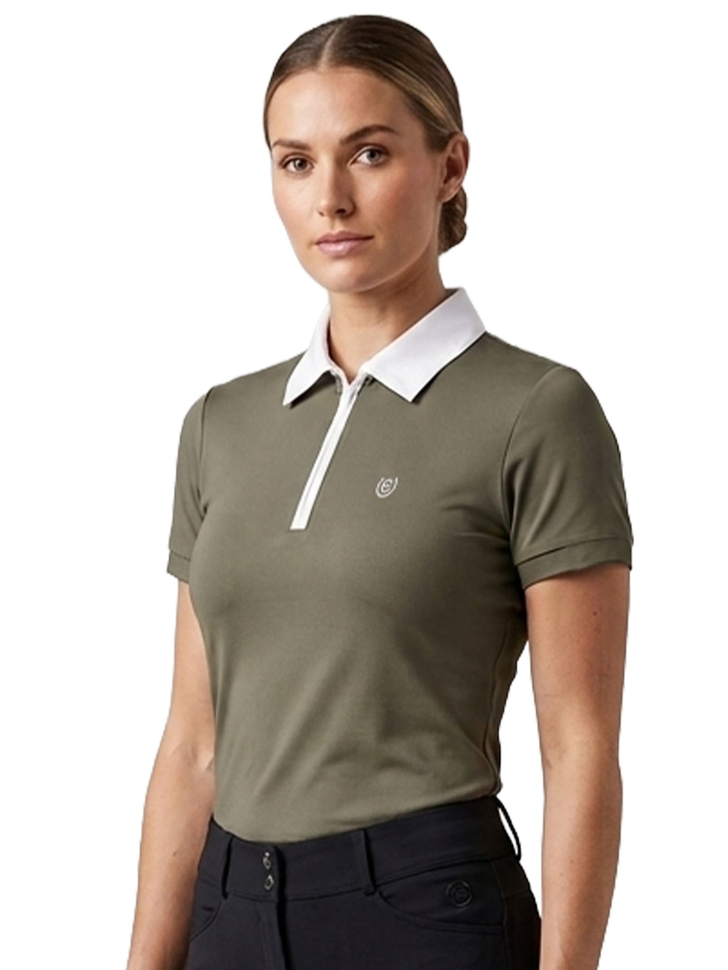 Equestrian Stockholm Short Sleeve Zip Top Khaki Green with a white collar and half-zip, worn by a model in black breeches.
