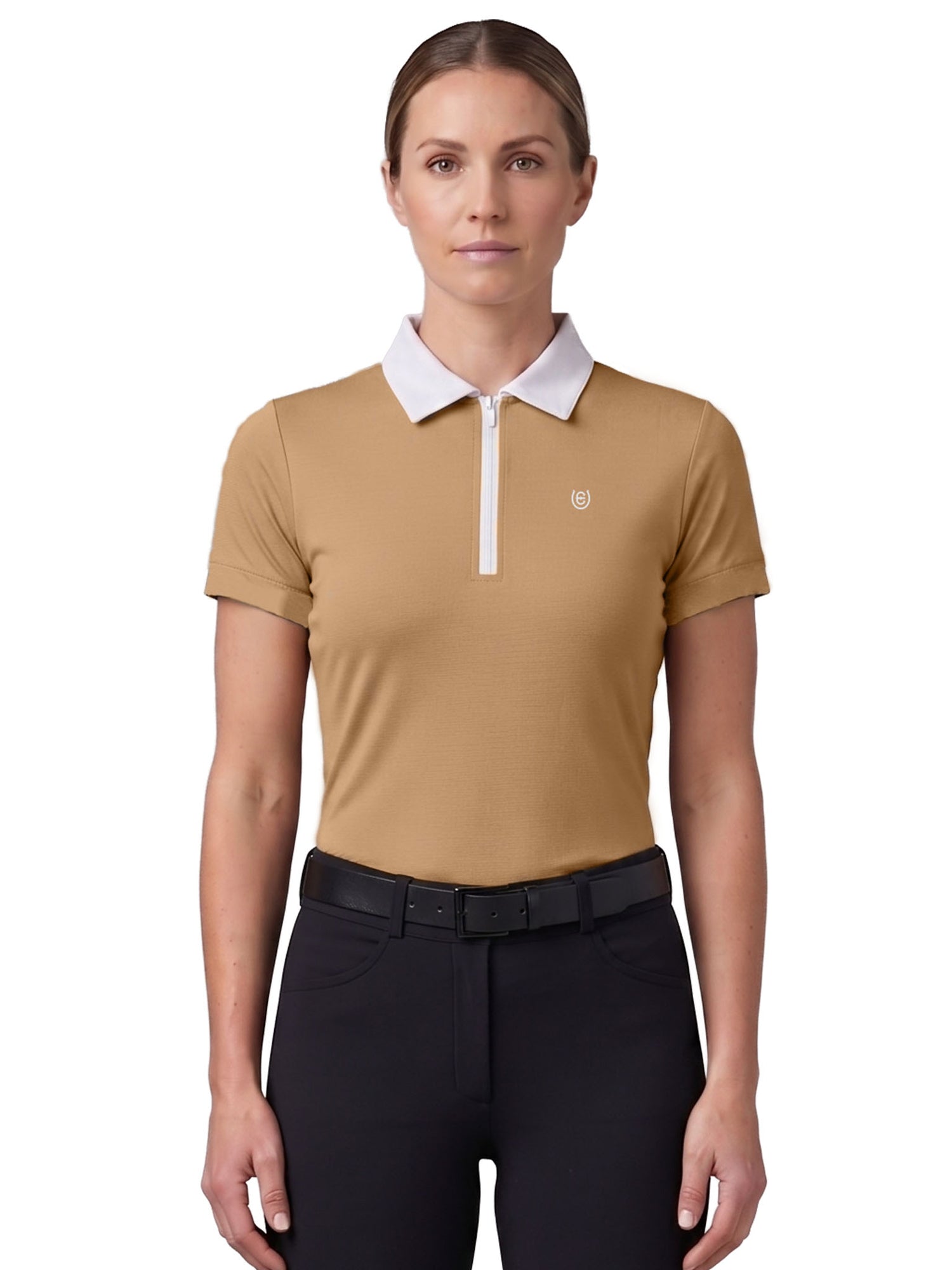 Beige Equestrian Stockholm Savannah Glow Short Sleeve Zip Top with white collar, on a model wearing black belted breeches.