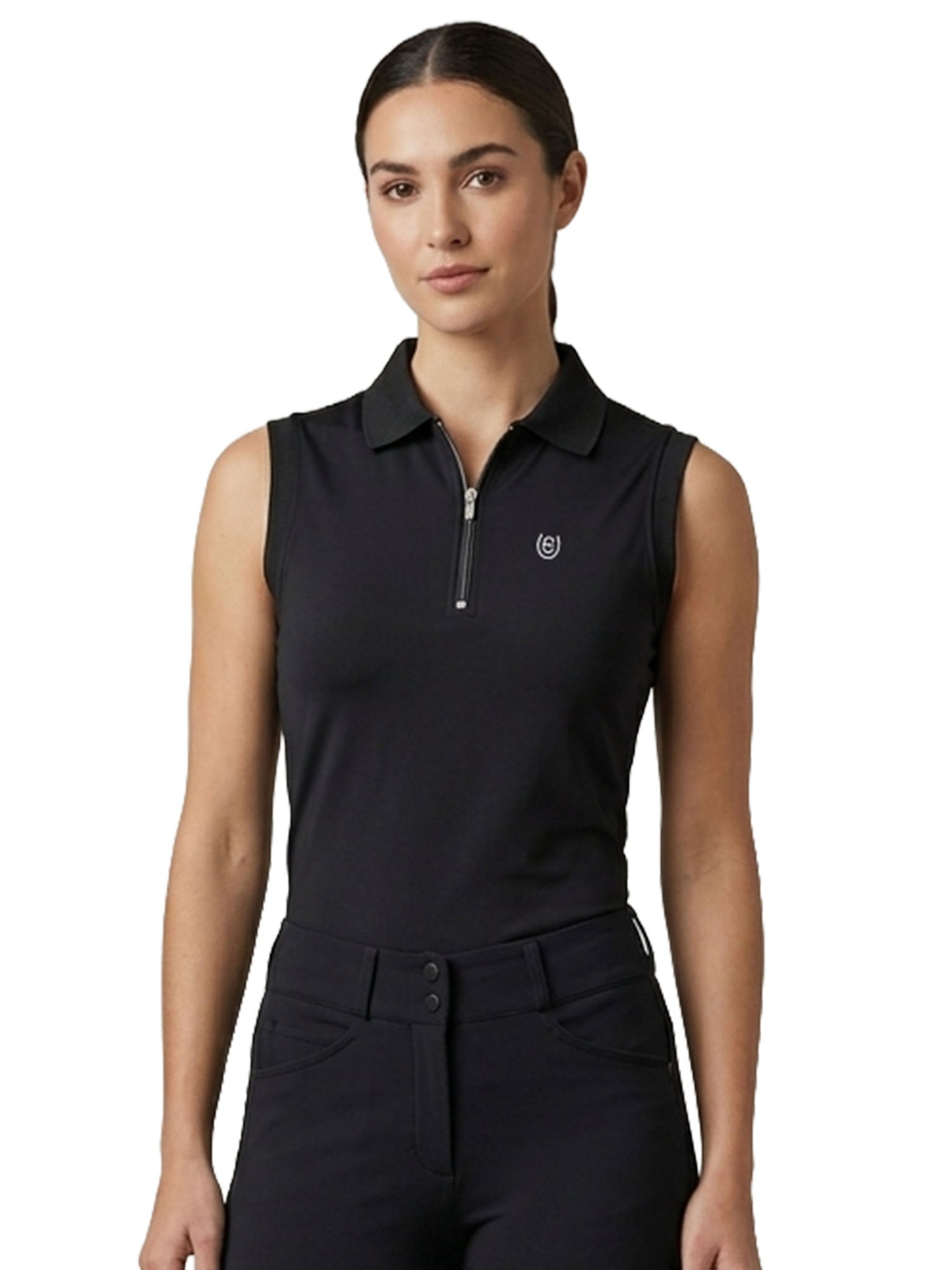 Model wearing the Equestrian Stockholm Sleeveless Zip Top Black featuring a white ES chest logo and half-zip collar.
