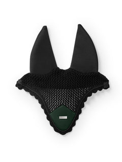 Studio image of Equestrian Stockholm Soundless Ear Bonnet Sycamore Green in black crochet with a green satin patch.