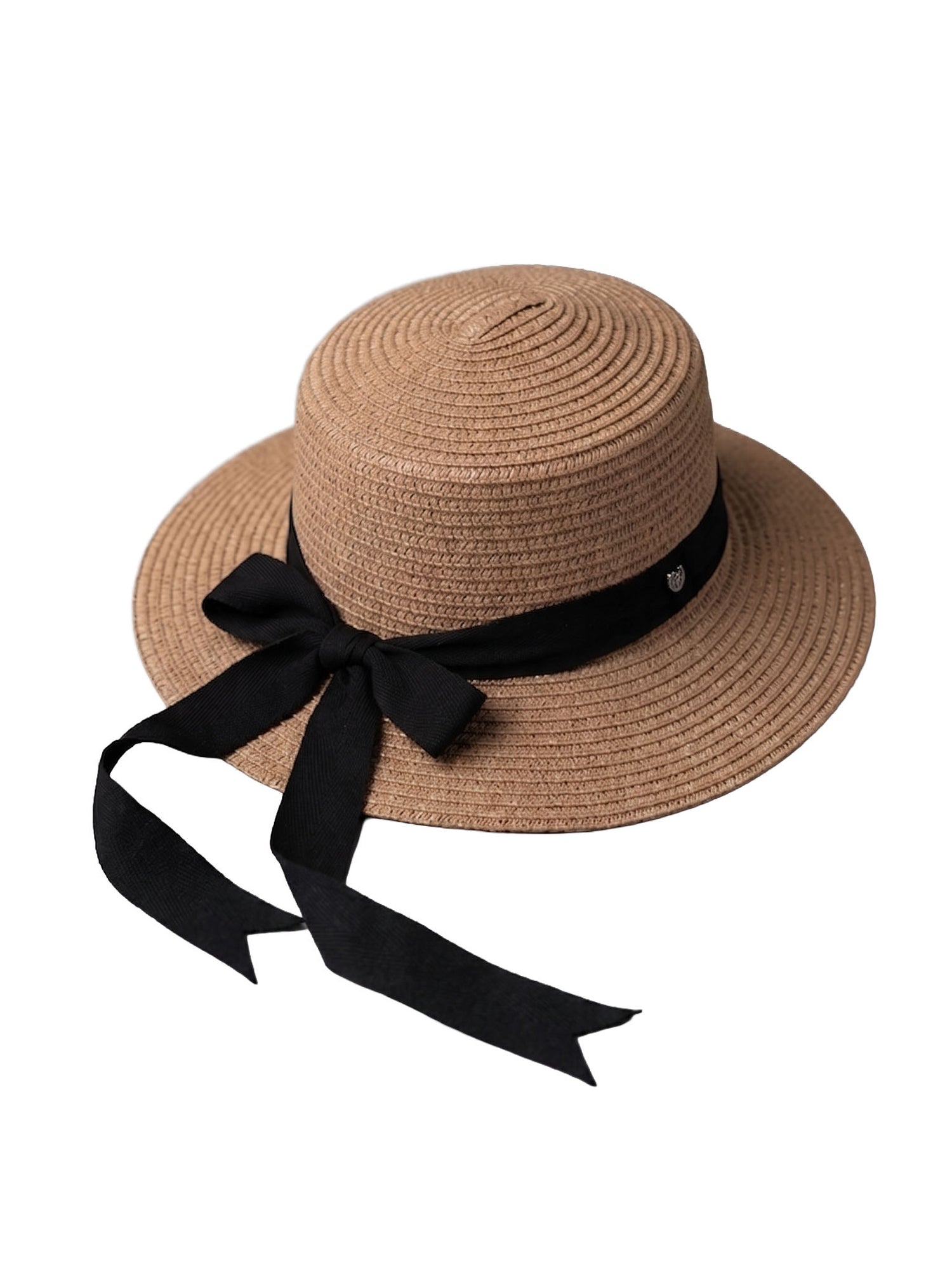 Studio image of Equestrian Stockholm Straw Sun Hat Beige with a wide brim and elegant black ribbon bow.
