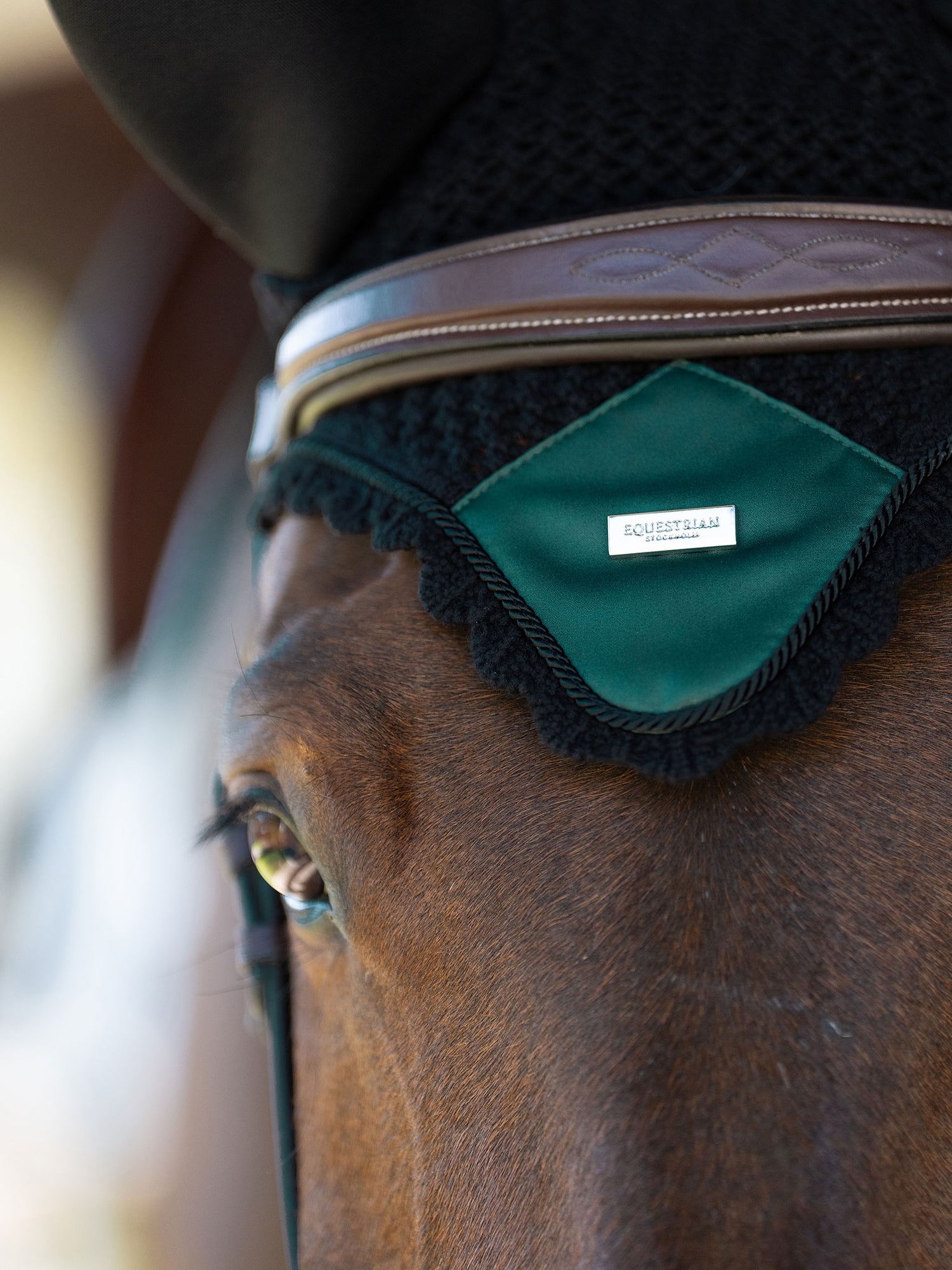 Equestrian Stockholm Soundless Ear Bonnet in Sycamore Green and black crochet with a silver badge on a bay horse.