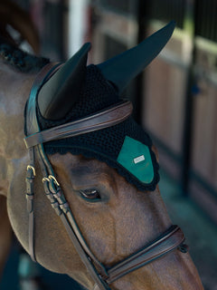 Black Equestrian Stockholm Soundless Ear Bonnet Sycamore Green on a horse wearing a brown leather bridle.