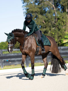Ensemble Equestrian Stockholm Sycamore Green en velours : veste, tapis de selle, bonnet et guêtres sur cheval et cavalier.