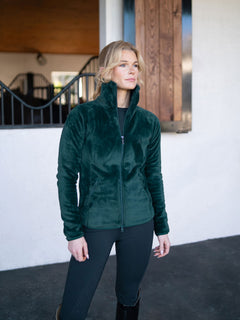 Equestrian Stockholm Velvet Fleece Jacket in Sycamore Green with a plush finish and high stand collar.