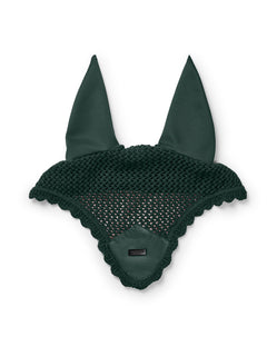 Studio image of Equestrian Stockholm Ear Bonnet Velvet Sycamore Green with dark green crochet, velvet, and metal badge.