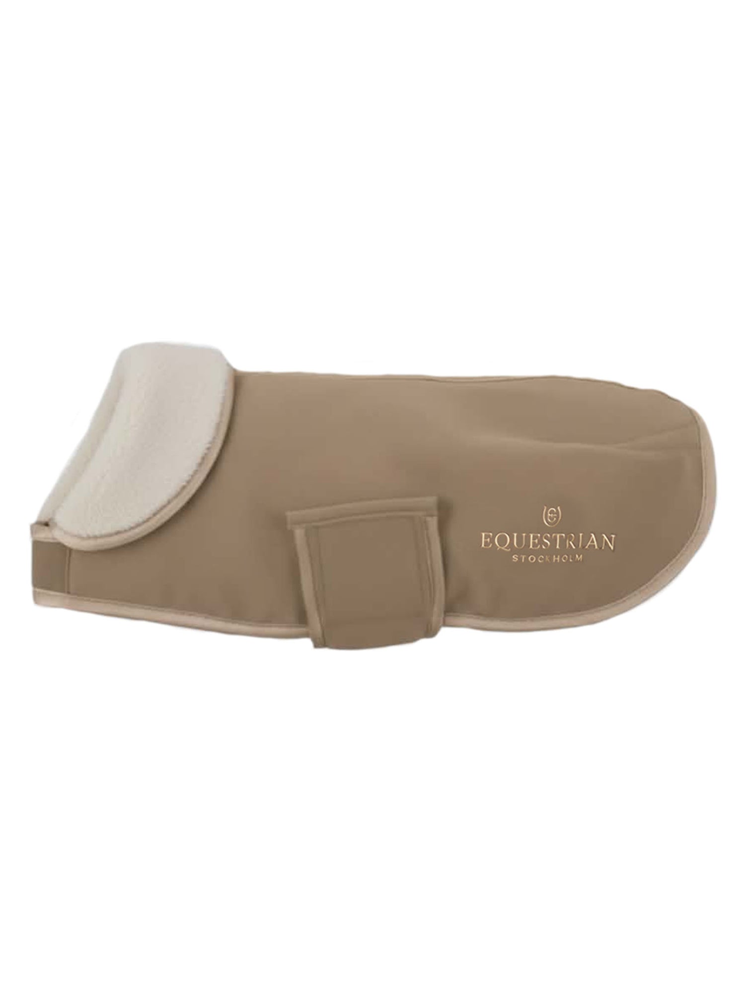 Studio image of Equestrian Stockholm Dog Rug Fleece Champagne in beige with off-white teddy collar and gold logo.