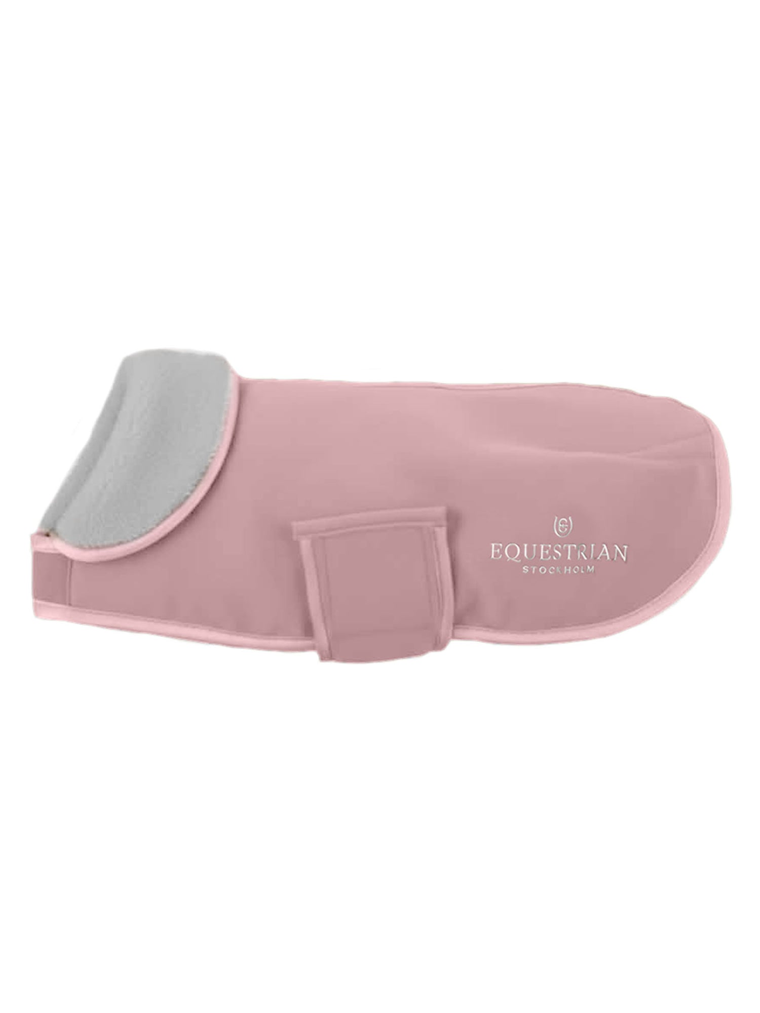 Studio image of Equestrian Stockholm Dog Rug Fleece Pink with grey teddy lining and silver logo.