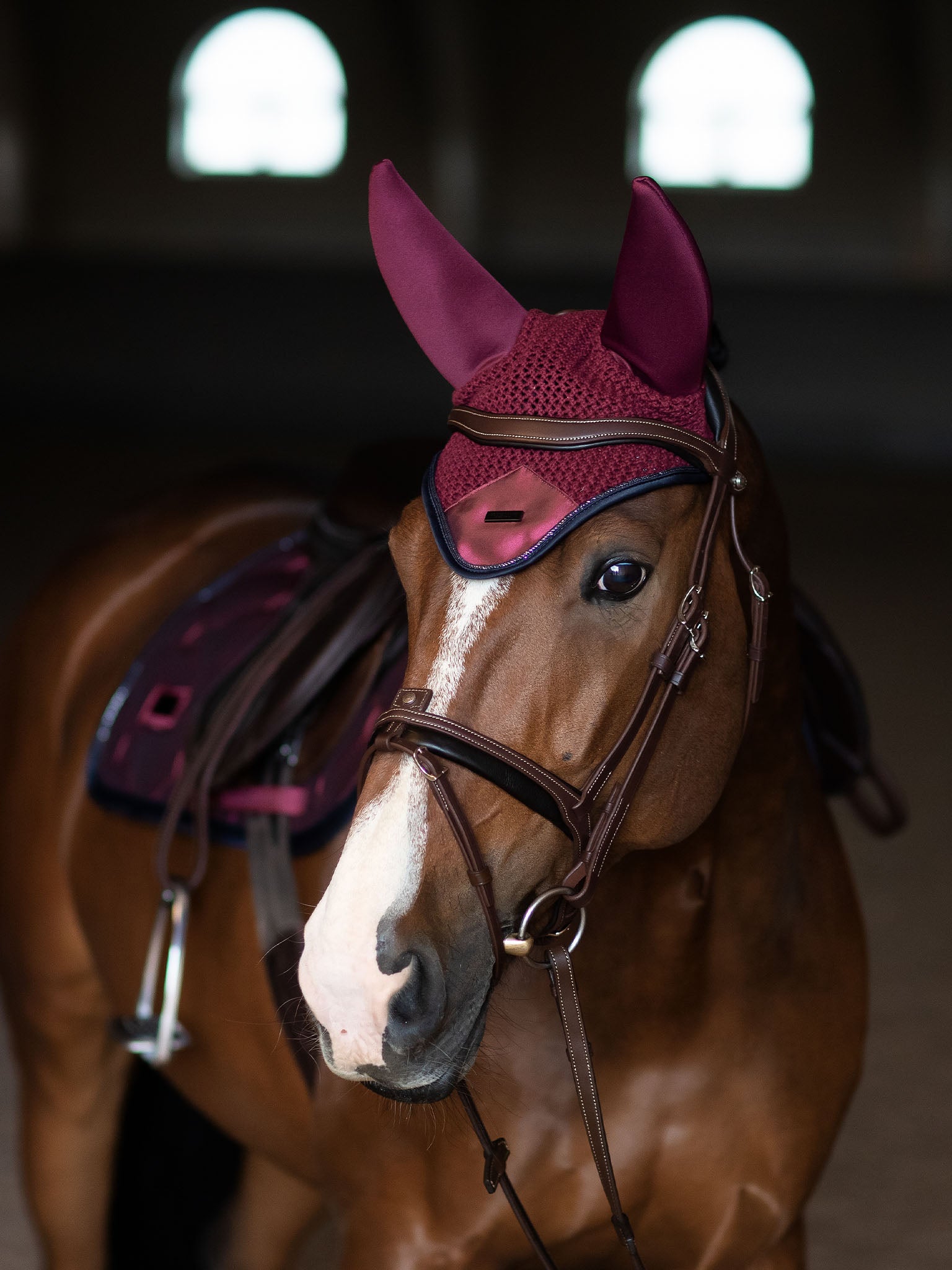 Red Glitter Horse English Saddle Pad factory with Matching Fly Bonnet Veil Ear Net