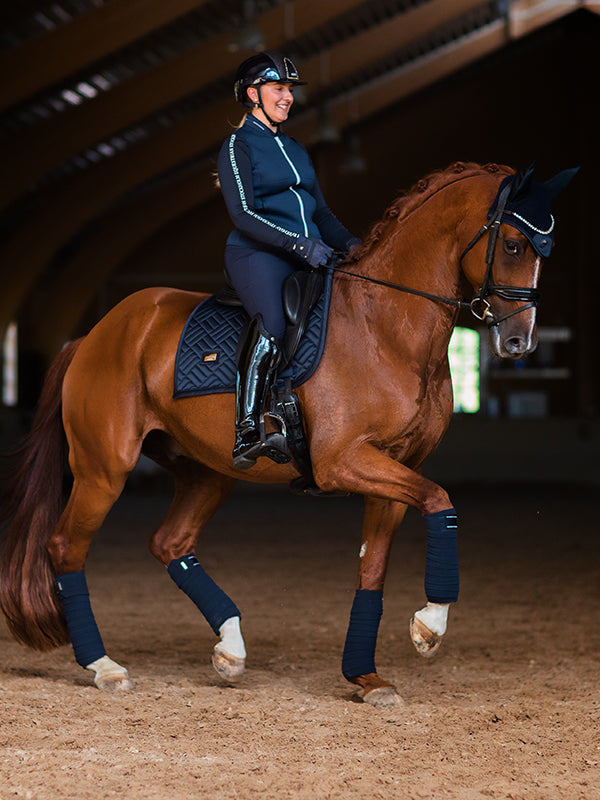 Beautiful Hand Made Navy Blue newest Glitter Horse English Saddle Pad with Fly bonnet